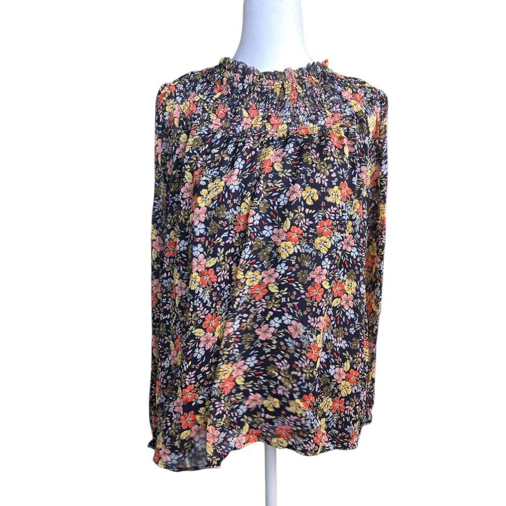 Loft Women's Size Large Black Floral Chiffon Blouse